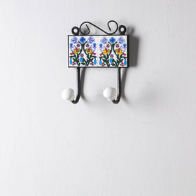 Original Blue Pottery Ceramic Tile Wall Hook Hanger (2 Peg) 