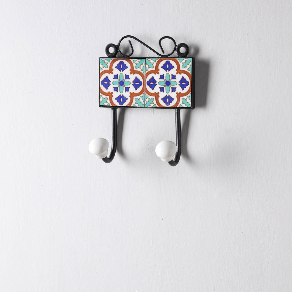  Original Blue Pottery Ceramic Tile Wall Hook Hanger (2 Peg) 