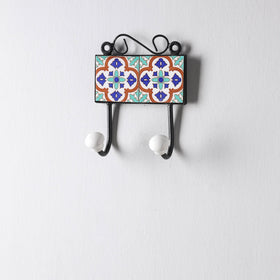  Original Blue Pottery Ceramic Tile Wall Hook Hanger (2 Peg) 