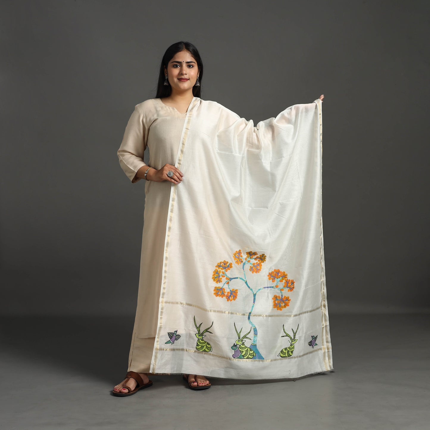 White - original gond handpainted handloom chanderi silk