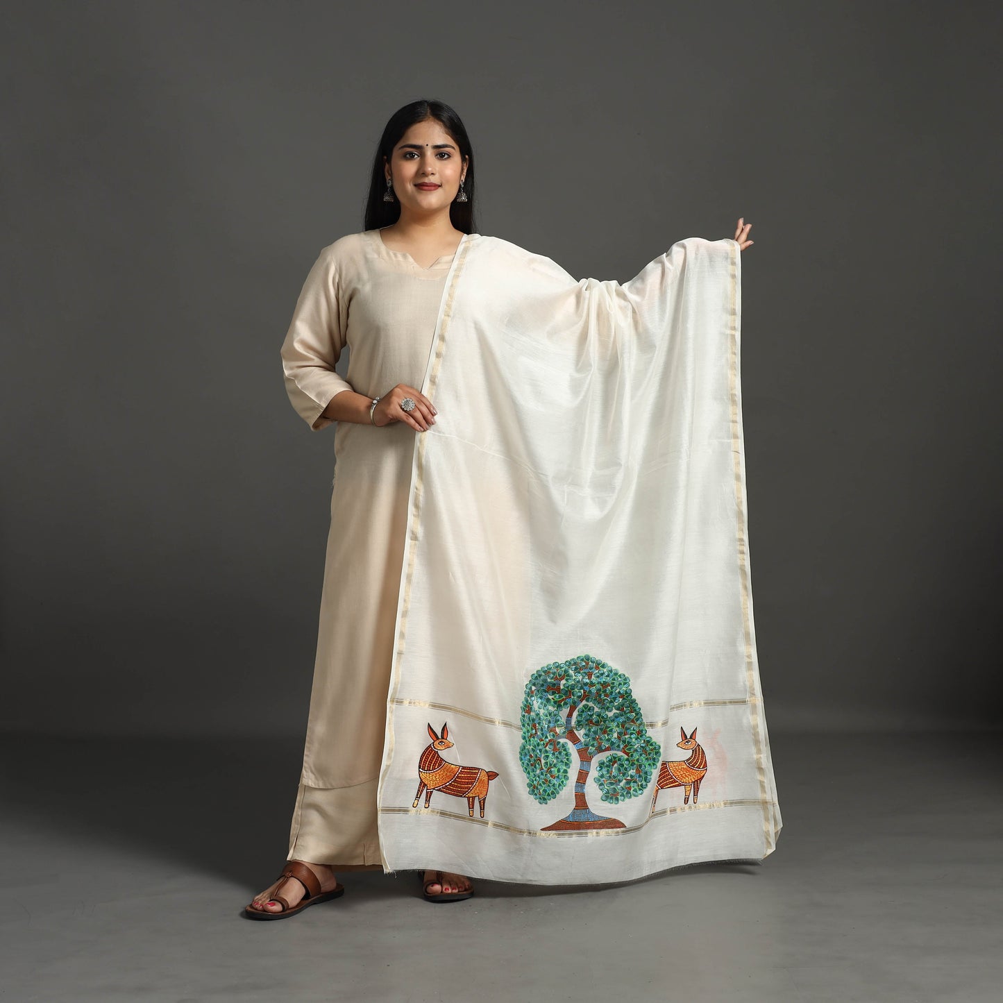 White Original Gond Handpainted Handloom Chanderi Silk Dupatta
