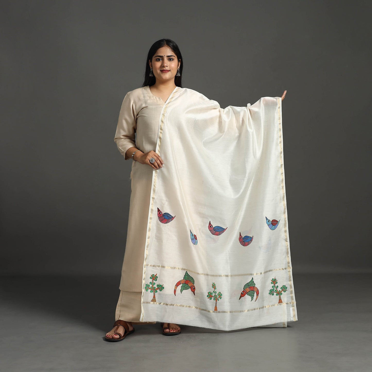 White - original gond handpainted handloom chanderi silk