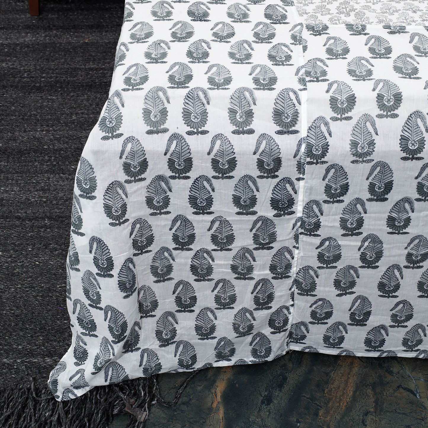 White - Block Print Patchwork Cotton Sanganeri Bed Sheet