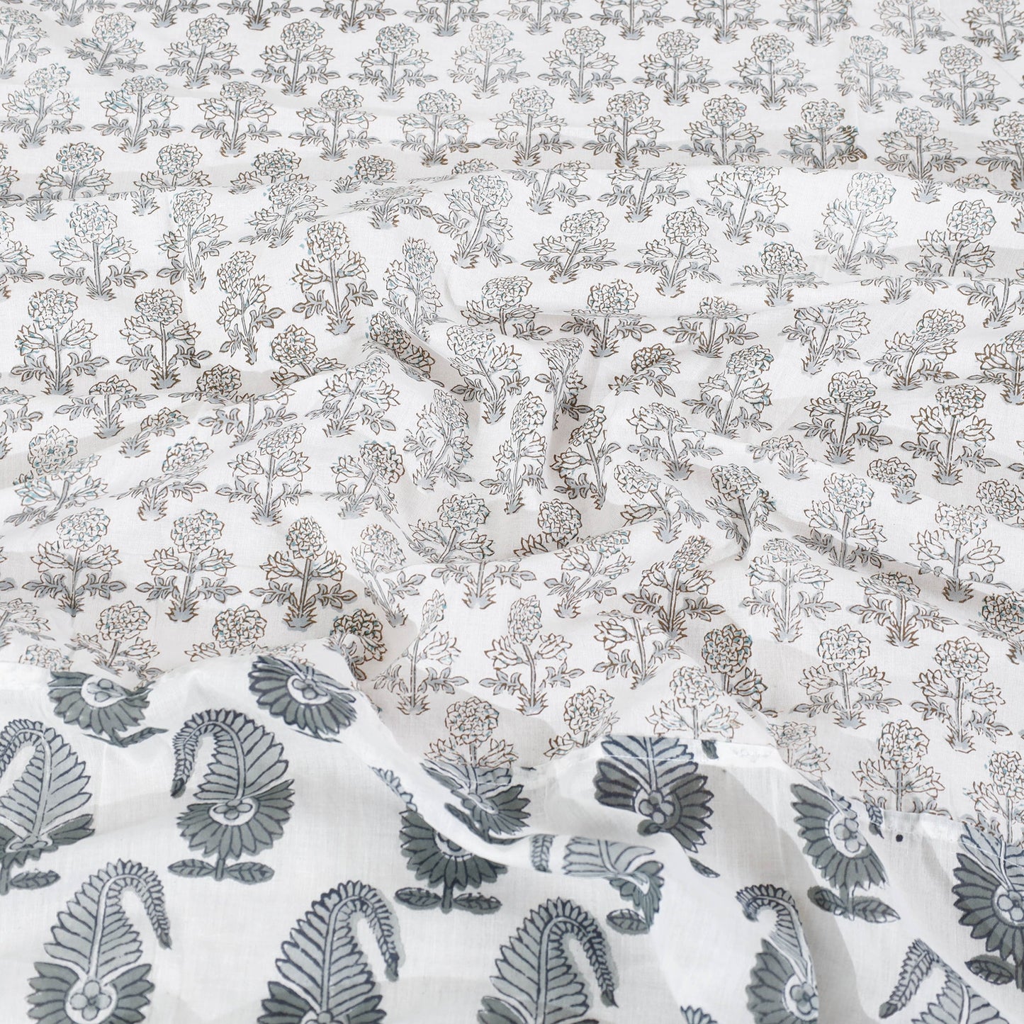 White - Block Print Patchwork Cotton Sanganeri Bed Sheet