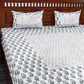 White - Block Print Patchwork Cotton Sanganeri Bed Sheet