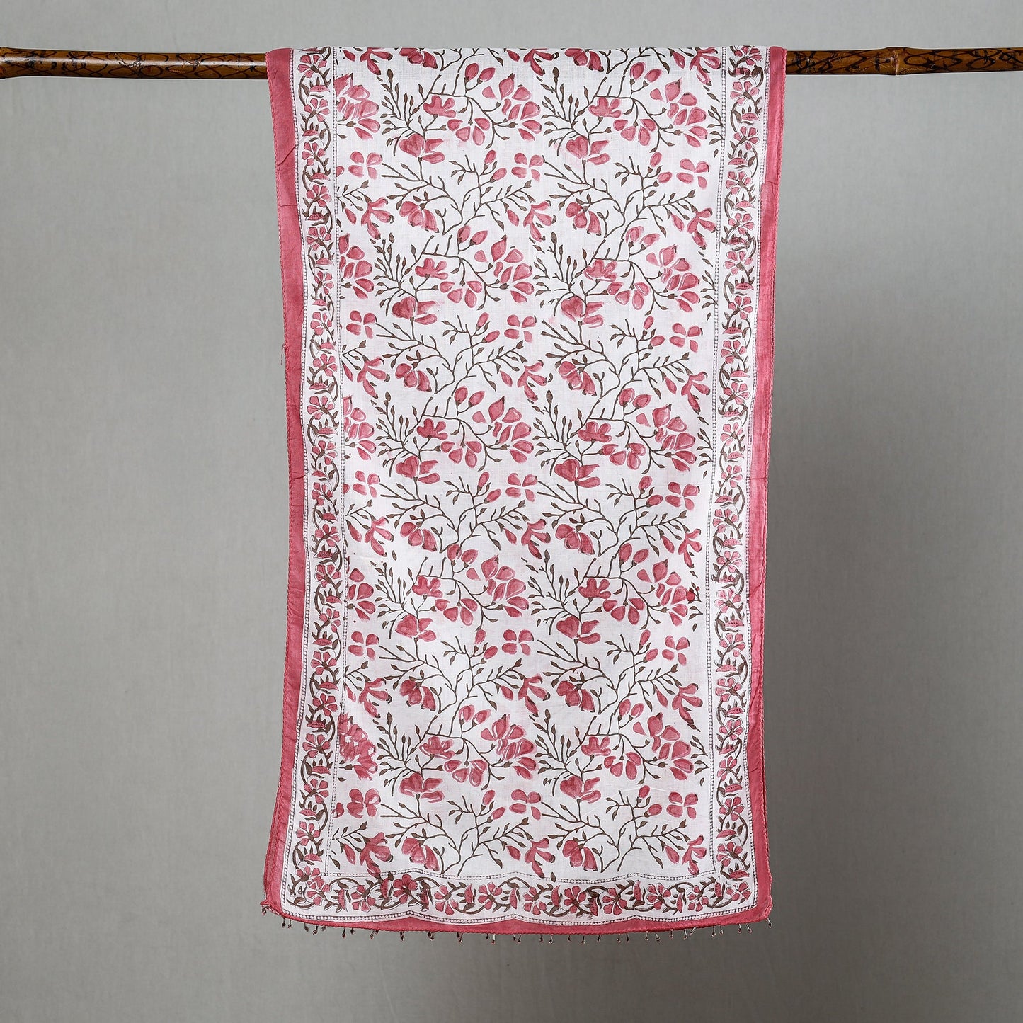  White with Pink Flowers Sanganeri Block Printed Cotton Stole with Beaded Border 