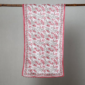  White with Pink Flowers Sanganeri Block Printed Cotton Stole with Beaded Border 