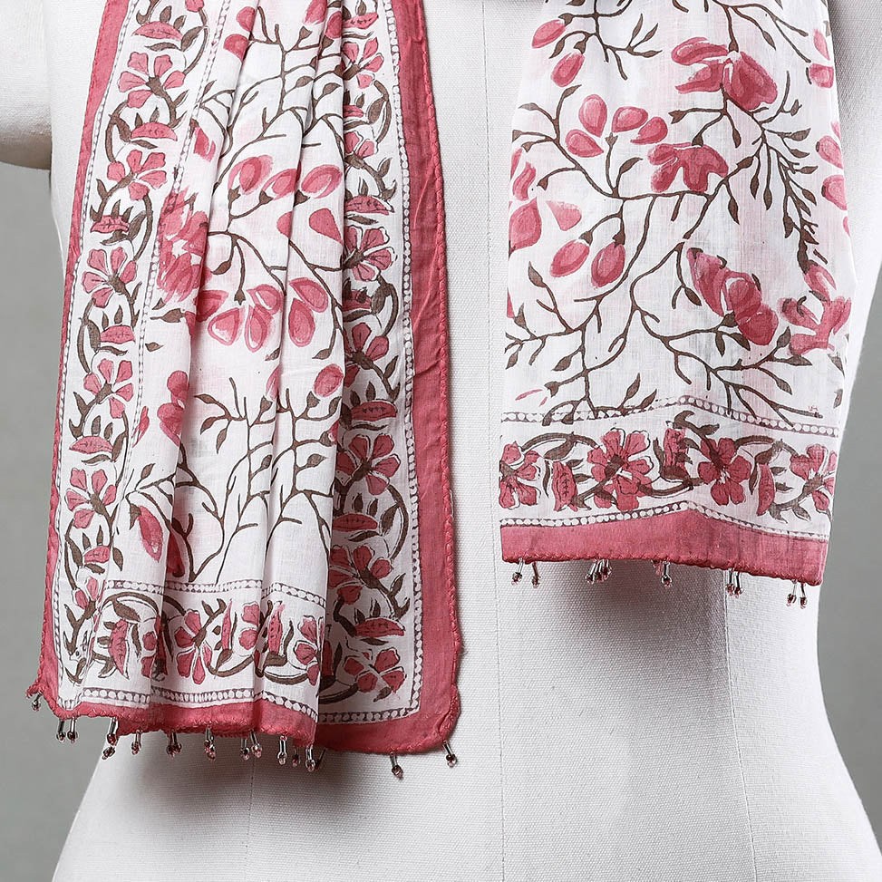  White with Pink Flowers Sanganeri Block Printed Cotton Stole with Beaded Border 