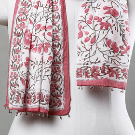  White with Pink Flowers Sanganeri Block Printed Cotton Stole with Beaded Border 