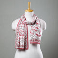  White with Pink Flowers Sanganeri Block Printed Cotton Stole with Beaded Border 