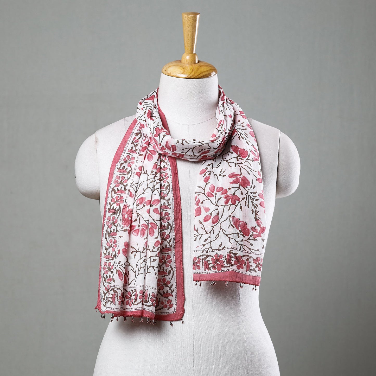  White with Pink Flowers Sanganeri Block Printed Cotton Stole with Beaded Border 