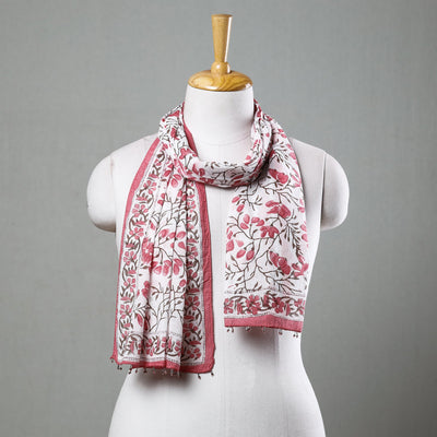  White with Pink Flowers Sanganeri Block Printed Cotton Stole with Beaded Border 