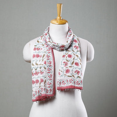 Buy White with Pink Flowers Sanganeri Block Printed Cotton Stole with Beaded Border Online at iTokri.com