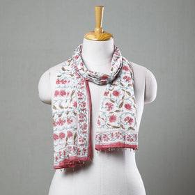 Buy White with Pink Flowers Sanganeri Block Printed Cotton Stole with Beaded Border Online at iTokri.com