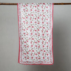 Buy White with Pink Flowers Sanganeri Block Printed Cotton Stole with Beaded Border Online at iTokri.com