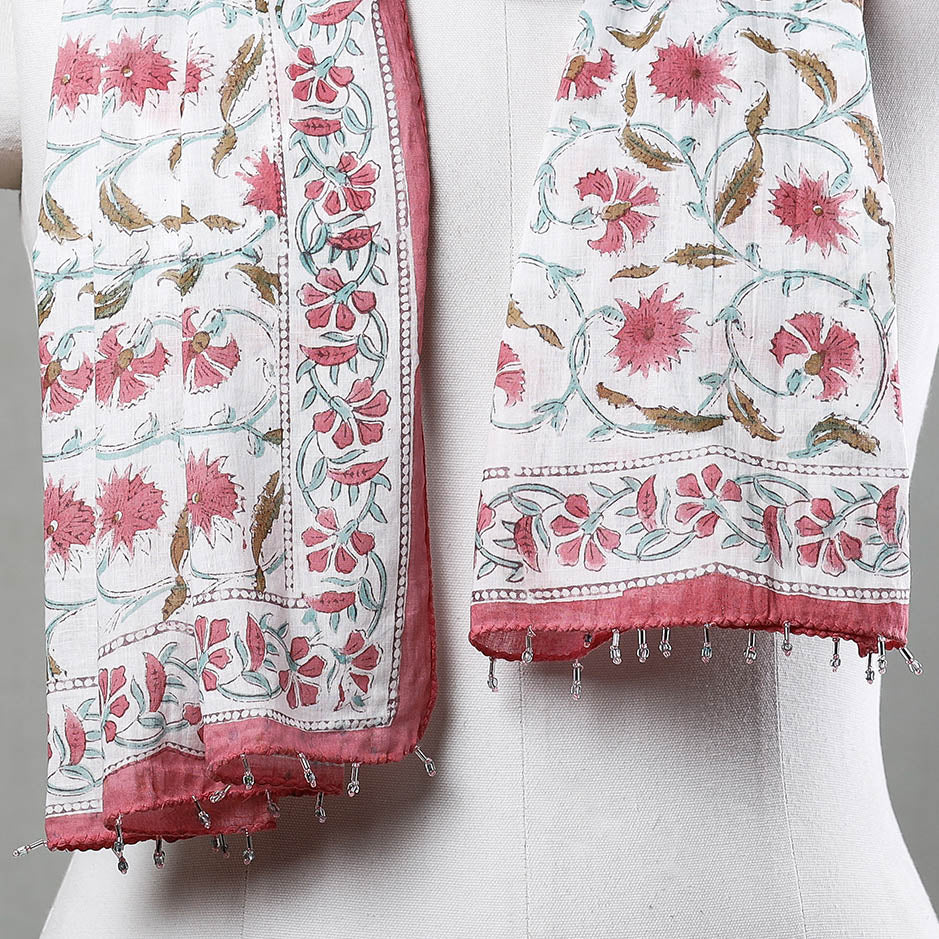Buy White with Pink Flowers Sanganeri Block Printed Cotton Stole with Beaded Border Online at iTokri.com