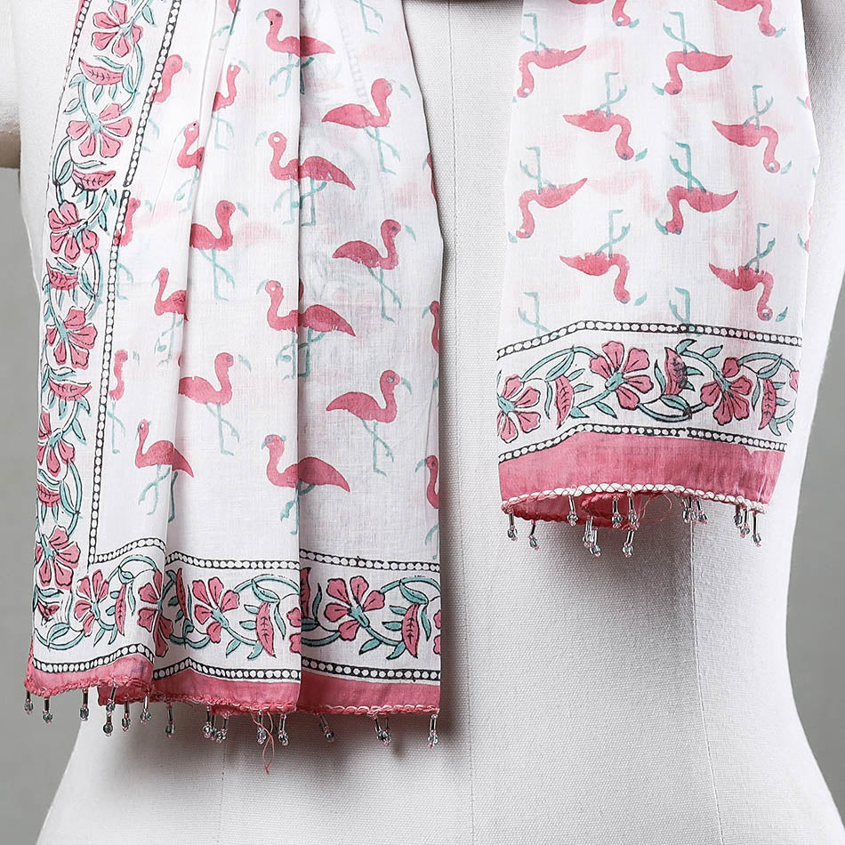 Buy White with Pink Herons Sanganeri Block Printed Cotton Stole with Beaded Border Online at iTokri.com