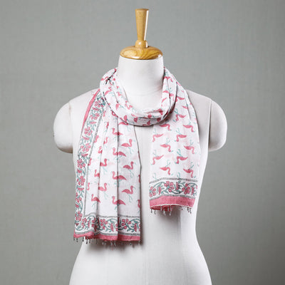 Buy White with Pink Herons Sanganeri Block Printed Cotton Stole with Beaded Border Online at iTokri.com