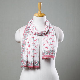 Buy White with Pink Herons Sanganeri Block Printed Cotton Stole with Beaded Border Online at iTokri.com