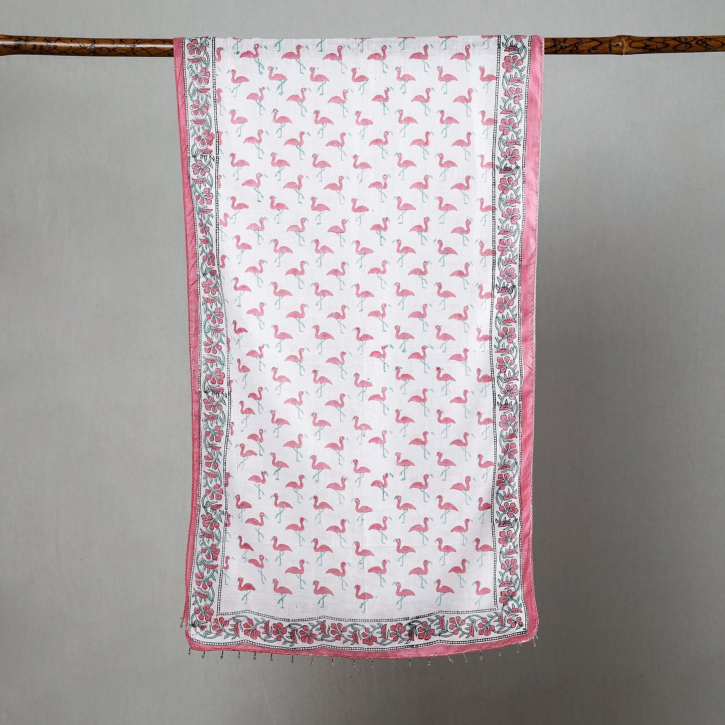 Buy White with Pink Herons Sanganeri Block Printed Cotton Stole with Beaded Border Online at iTokri.com