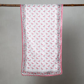 Buy White with Pink Herons Sanganeri Block Printed Cotton Stole with Beaded Border Online at iTokri.com