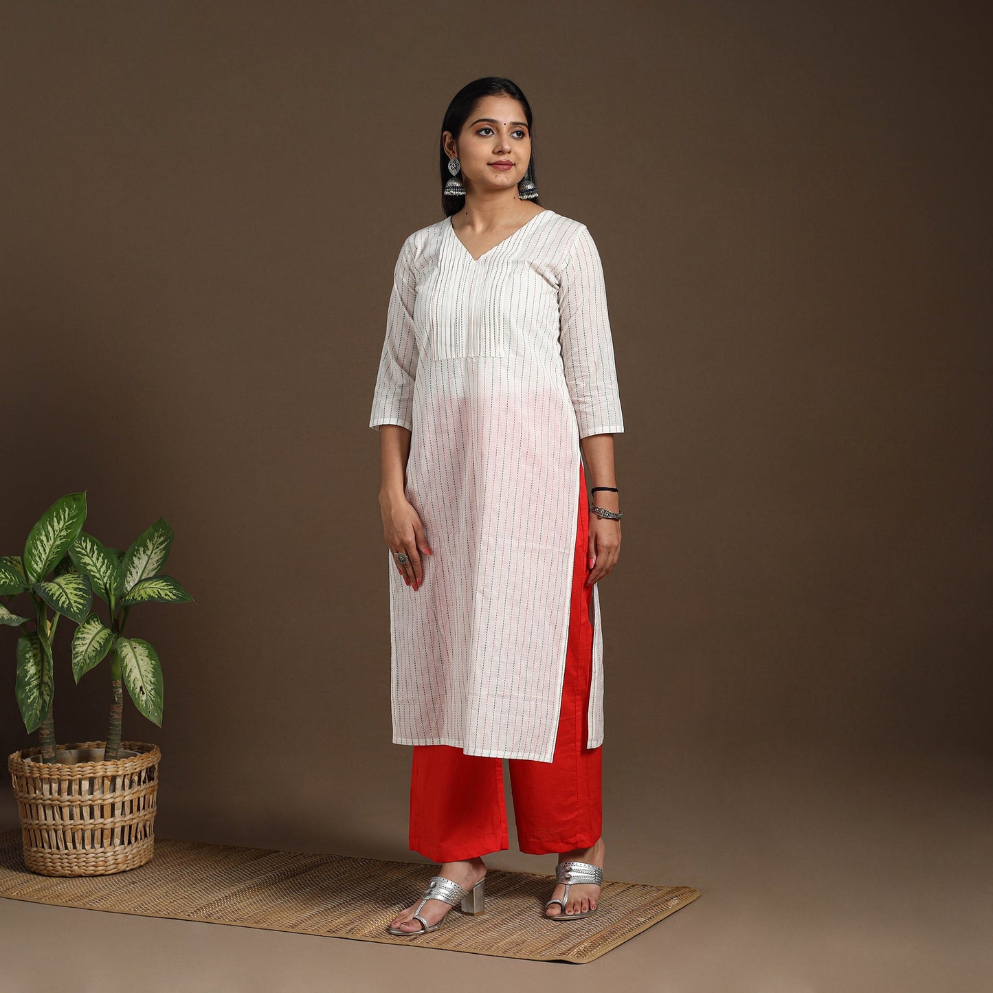 White Pintuck Straight Cotton Jacquard Kurta