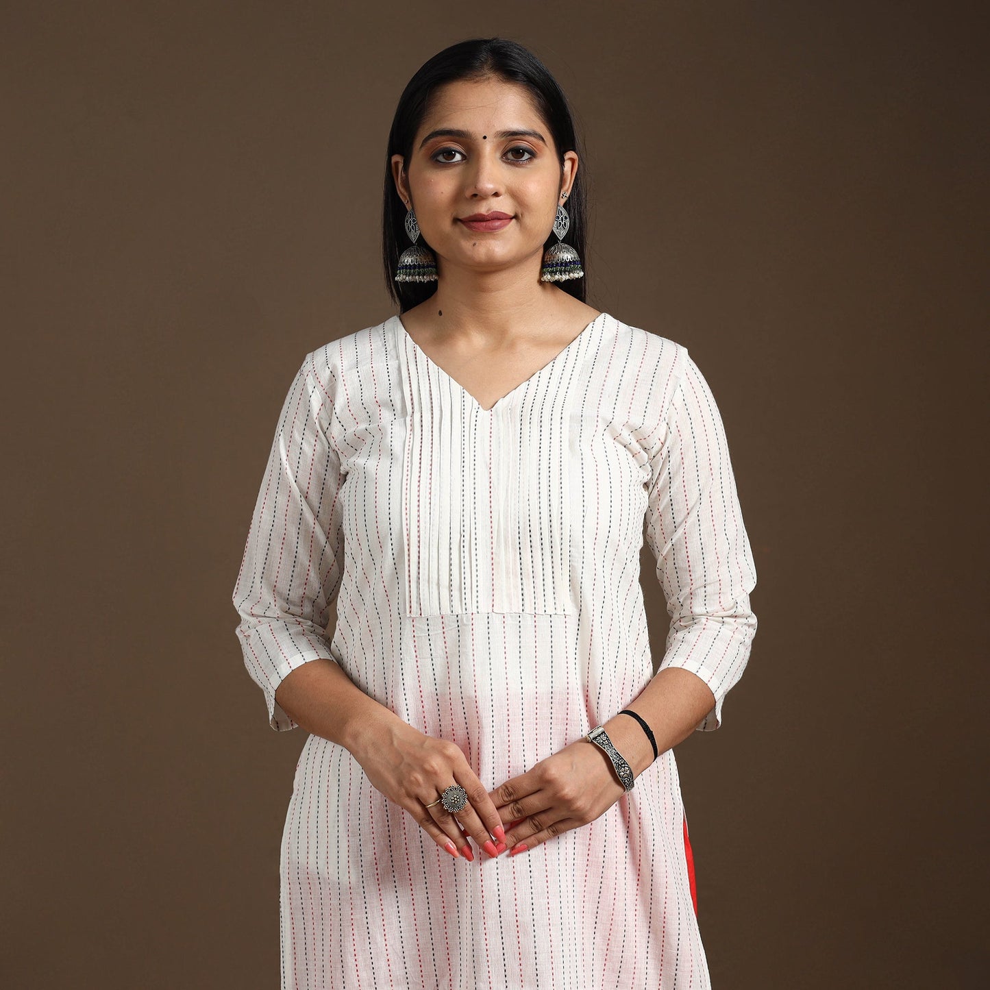 White Pintuck Straight Cotton Jacquard Kurta