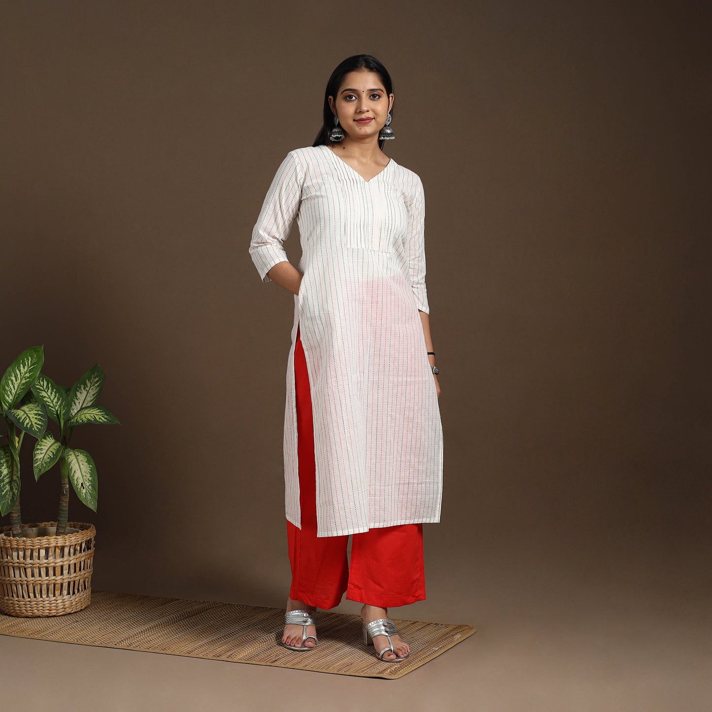 White Pintuck Straight Cotton Jacquard Kurta