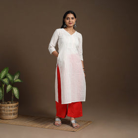 White Pintuck Straight Cotton Jacquard Kurta
