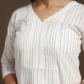 White Pintuck Straight Cotton Jacquard Kurta