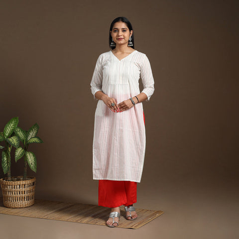 White Pintuck Straight Cotton Jacquard Kurta