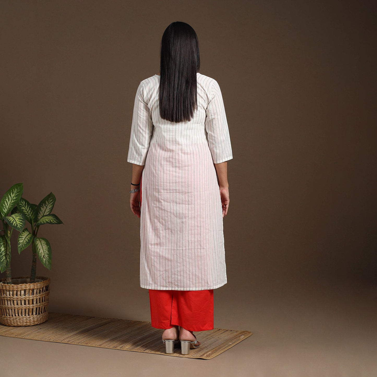 White Pintuck Straight Cotton Jacquard Kurta