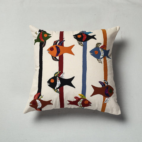 White Pipli Applique Work Cotton Cushion Cover