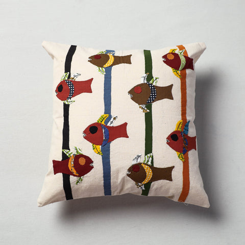 White Pipli Applique Work Cotton Cushion Cover