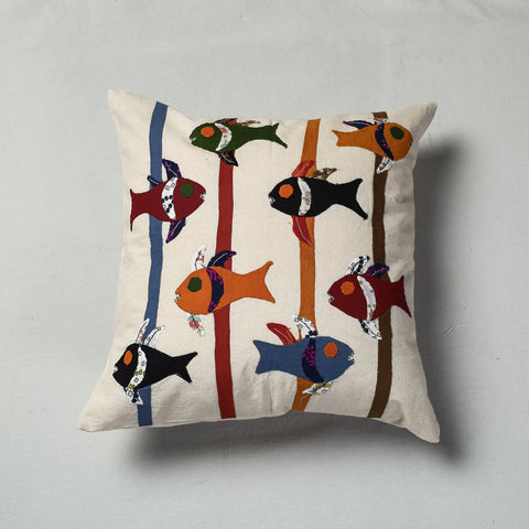 White Pipli Applique Work Cotton Cushion Cover