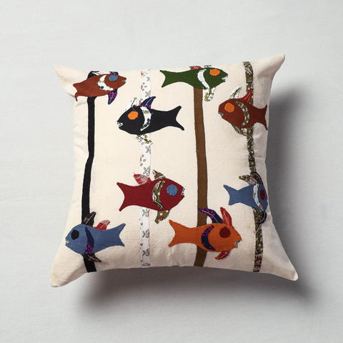 White Pipli Applique Work Cotton Cushion Cover