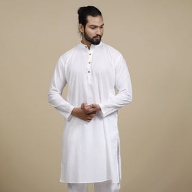  White Plain Cotton Men Long Kurta 