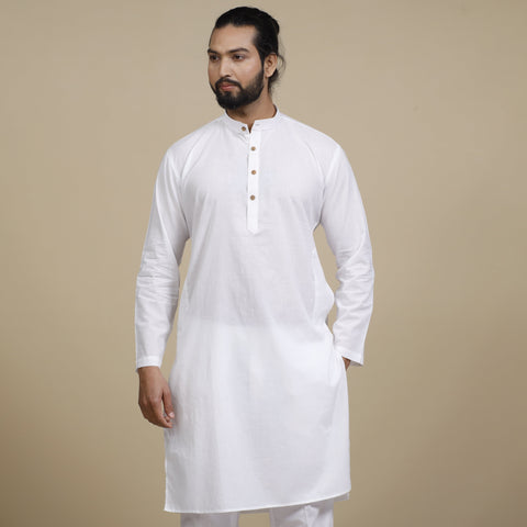  White Plain Cotton Men Long Kurta 