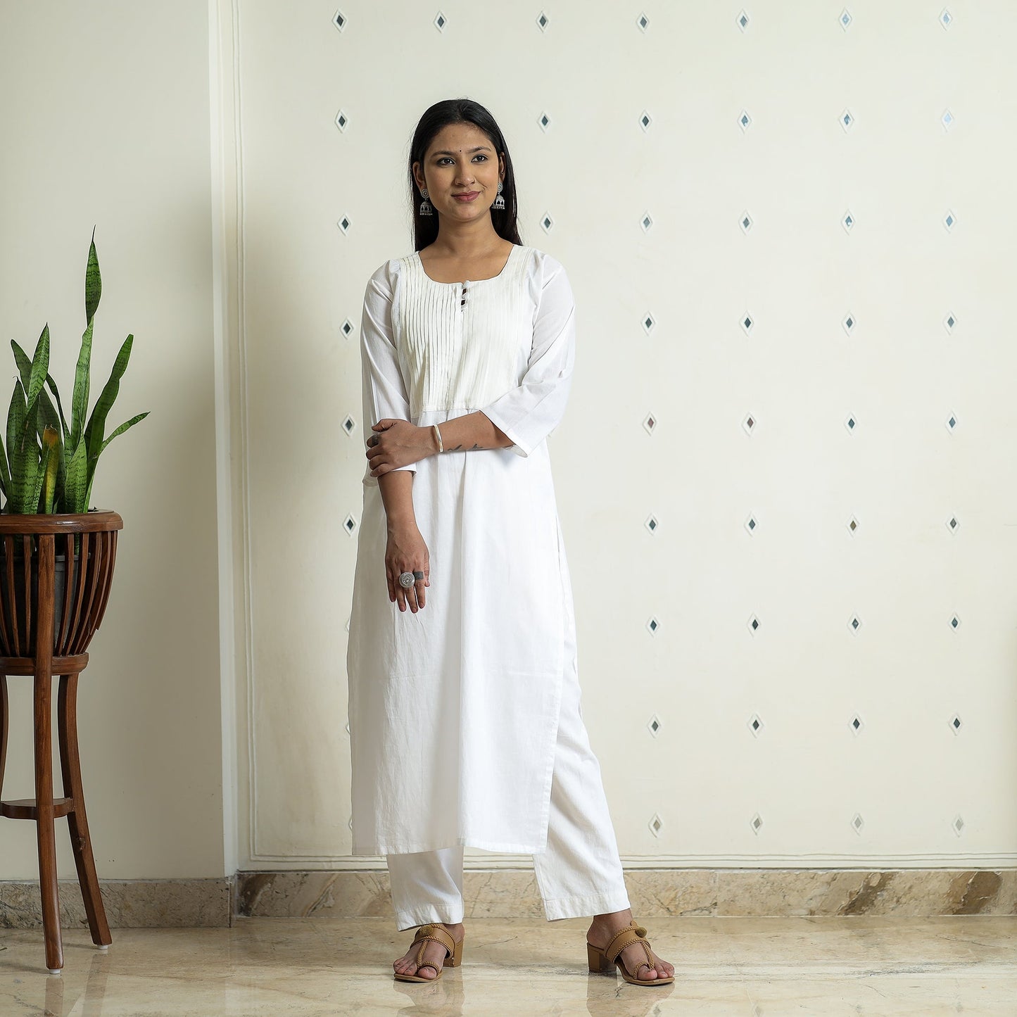  Plain Cotton Pintuck Long Straight Kurta for Women