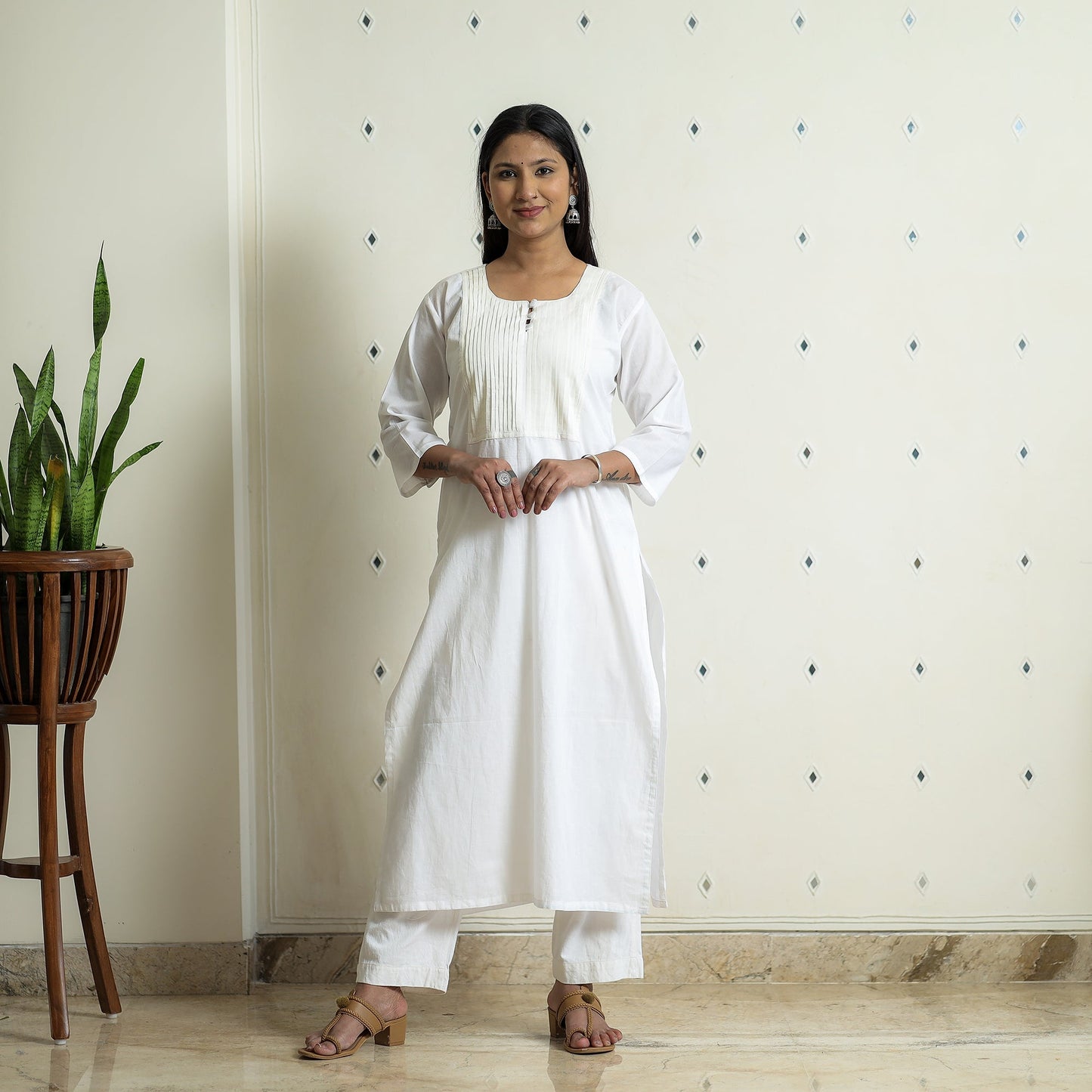  Plain Cotton Pintuck Long Straight Kurta for Women