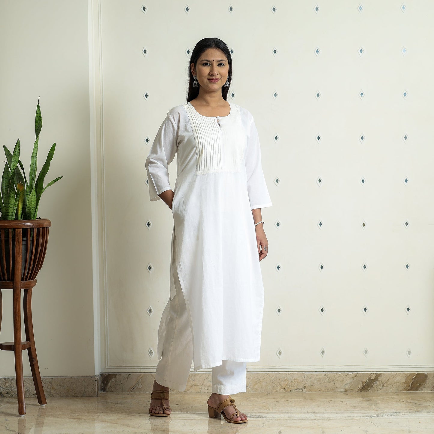  Plain Cotton Pintuck Long Straight Kurta for Women