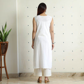 White Plain Cotton Sleeveless Long Straight Kurta for Women