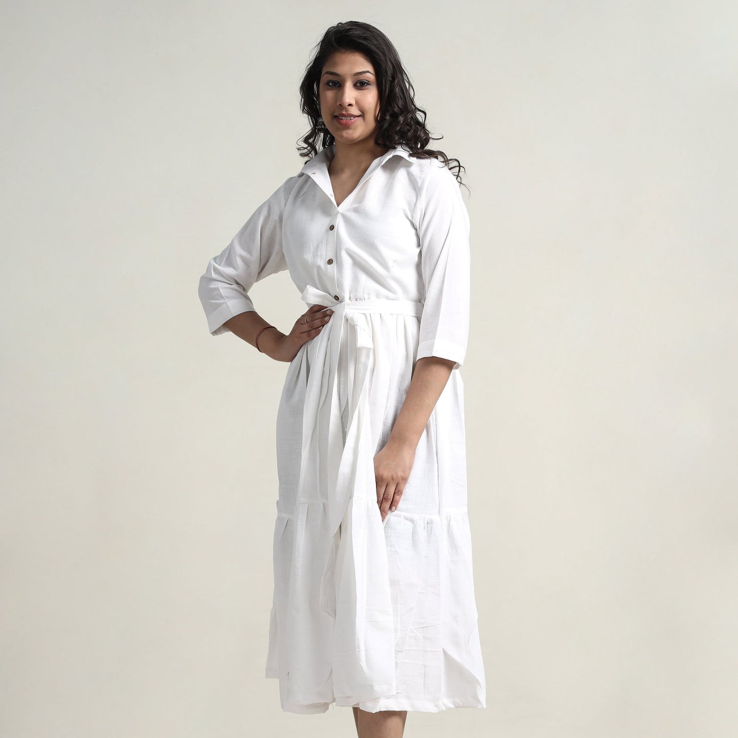 Buy Plain Handloom Cotton Collared Neck Flare Dress Online l iTokri.com