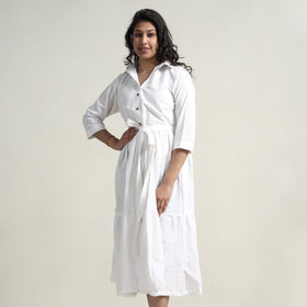 Buy Plain Handloom Cotton Collared Neck Flare Dress Online l iTokri.com