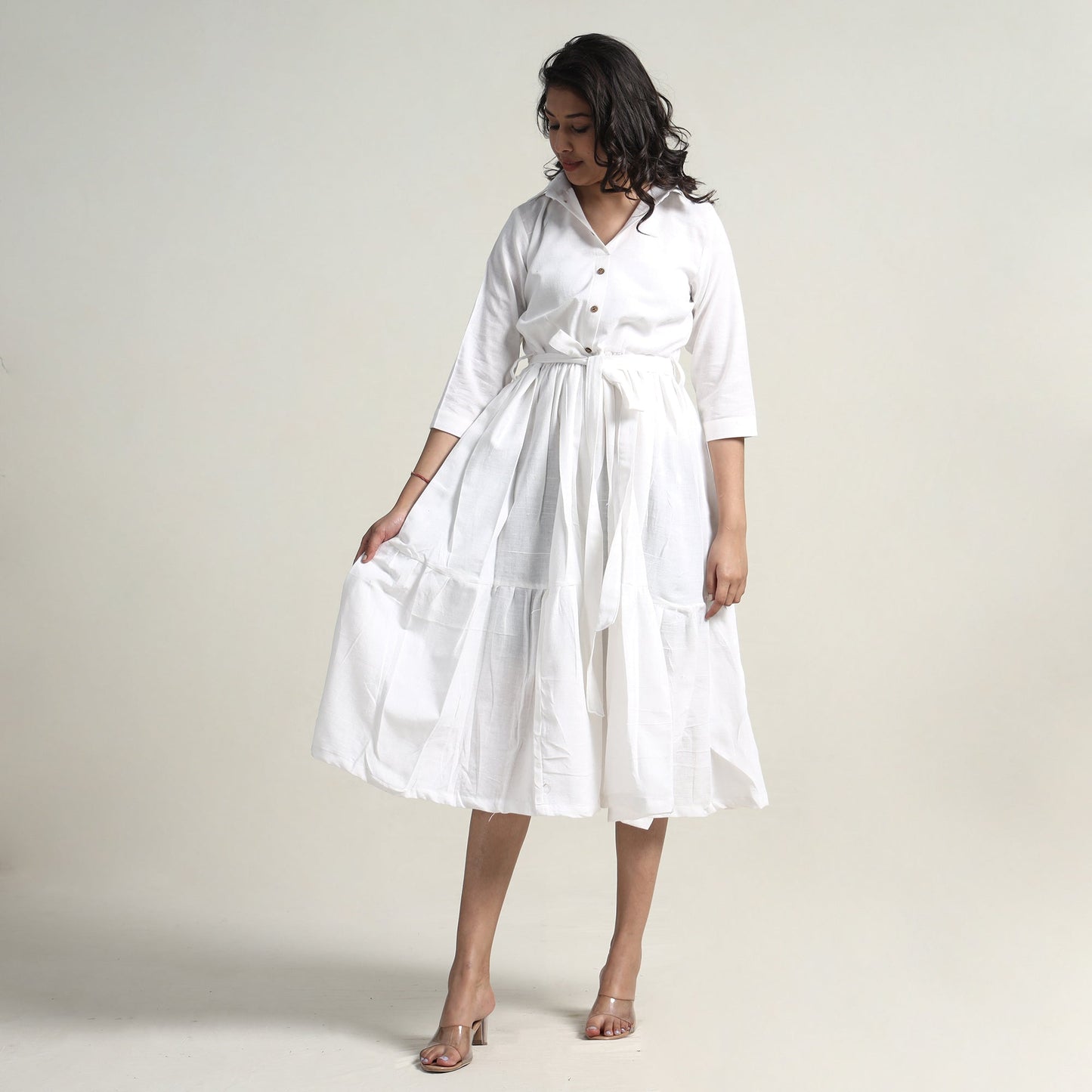 Buy Plain Handloom Cotton Collared Neck Flare Dress Online l iTokri.com