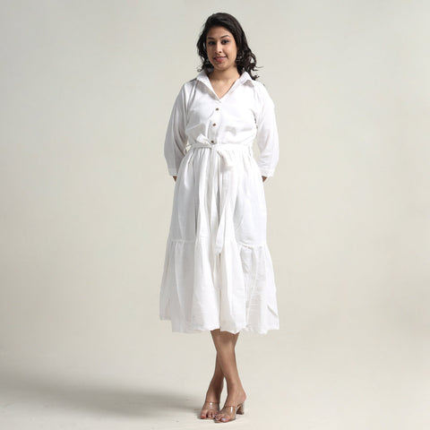 Buy Plain Handloom Cotton Collared Neck Flare Dress Online l iTokri.com
