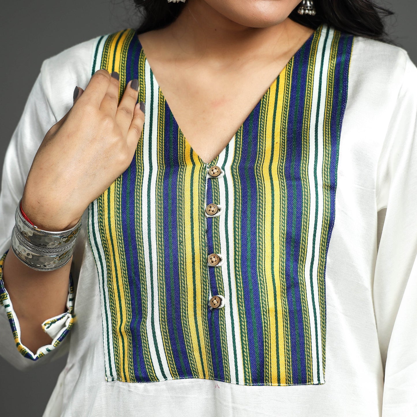 White - plain mashru silk with patchwork floral kurta