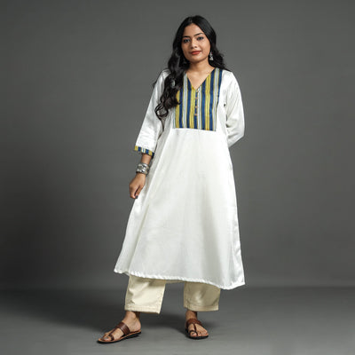 White - plain mashru silk with patchwork floral kurta