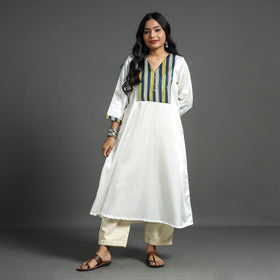 White - plain mashru silk with patchwork floral kurta