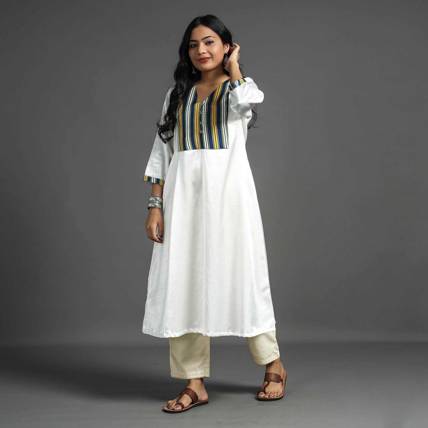 White - plain mashru silk with patchwork floral kurta